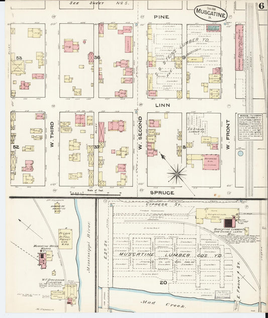 Sanborn Fire Insurance Map from Muscatine, Muscatine County, Iowa (1883), Sheet #0006 - Historic Sanborn Fire Insurance Map Print, vintage old map wall art