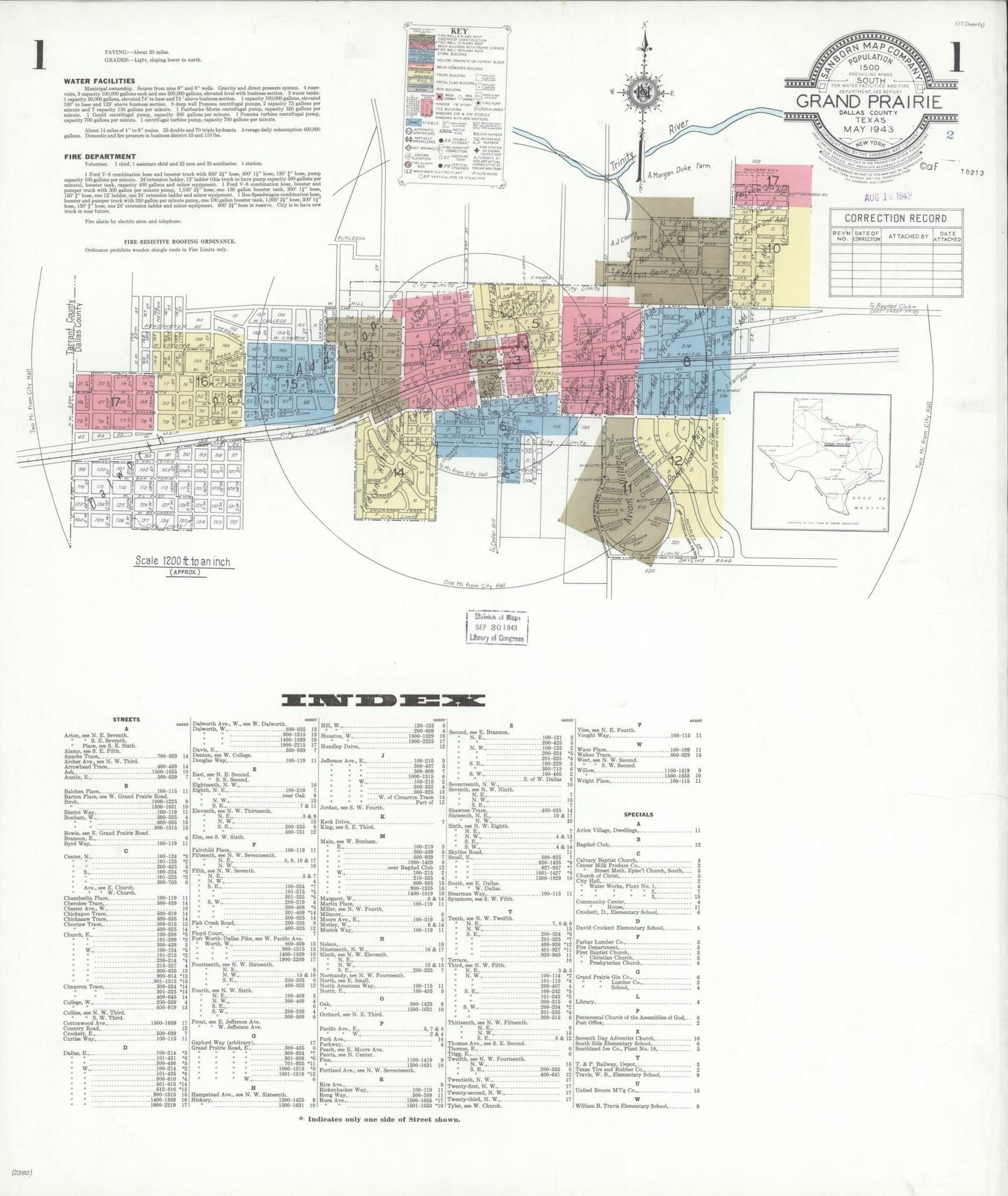 Sanborn Fire Insurance Map from Grand Prairie, Dallas County, Texas (1943), Sheet #0001 - Complete Map Set gallery image, historic Sanborn map, vintage wall art, Texas Texas