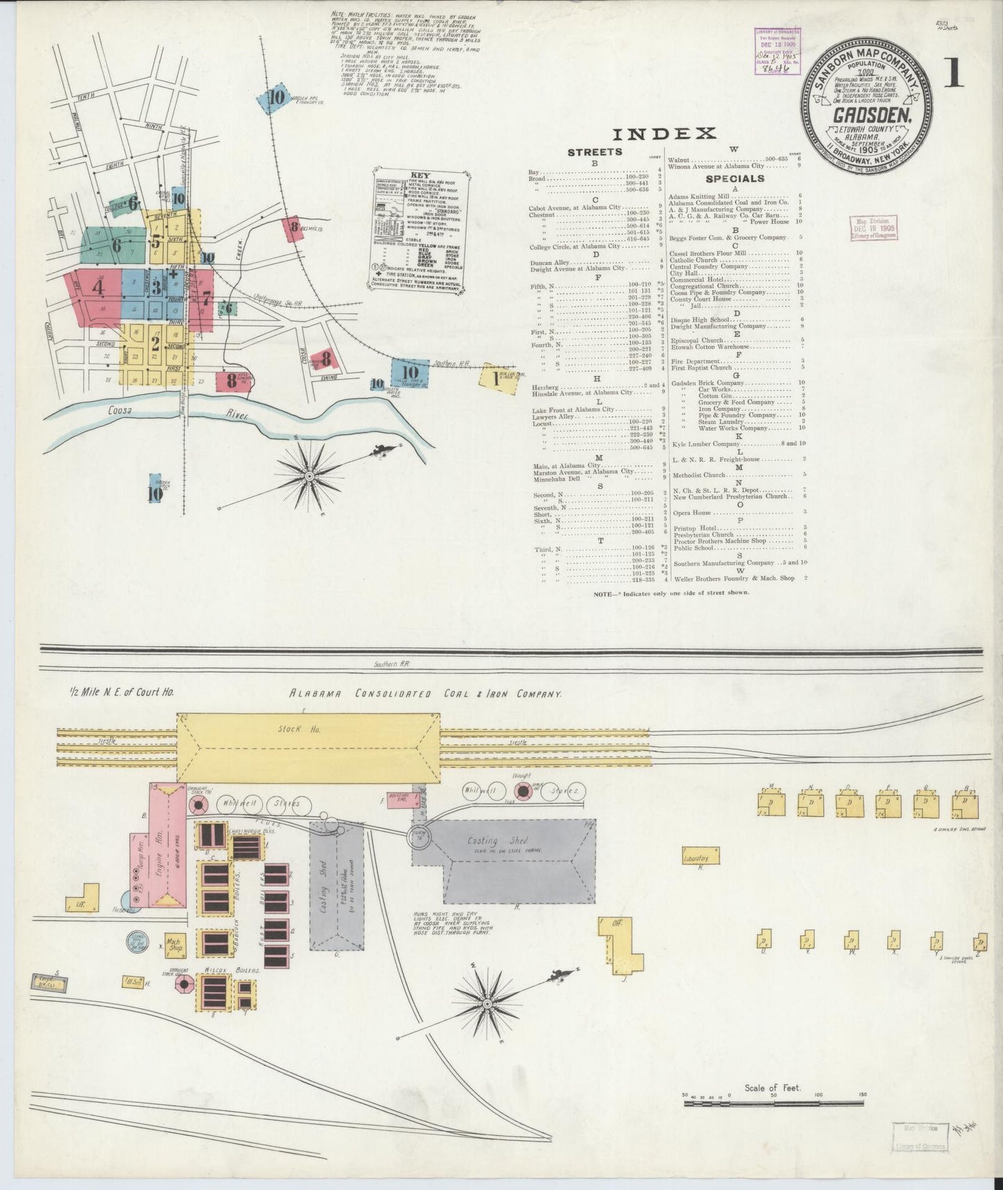 Sanborn Fire Insurance Map from Gadsden, Etowah County, Alabama (1905), Sheet #0001 - Historic Sanborn Fire Insurance Map Print, vintage old map wall art, antique decor, genealogy gift, Alabama Alabama map