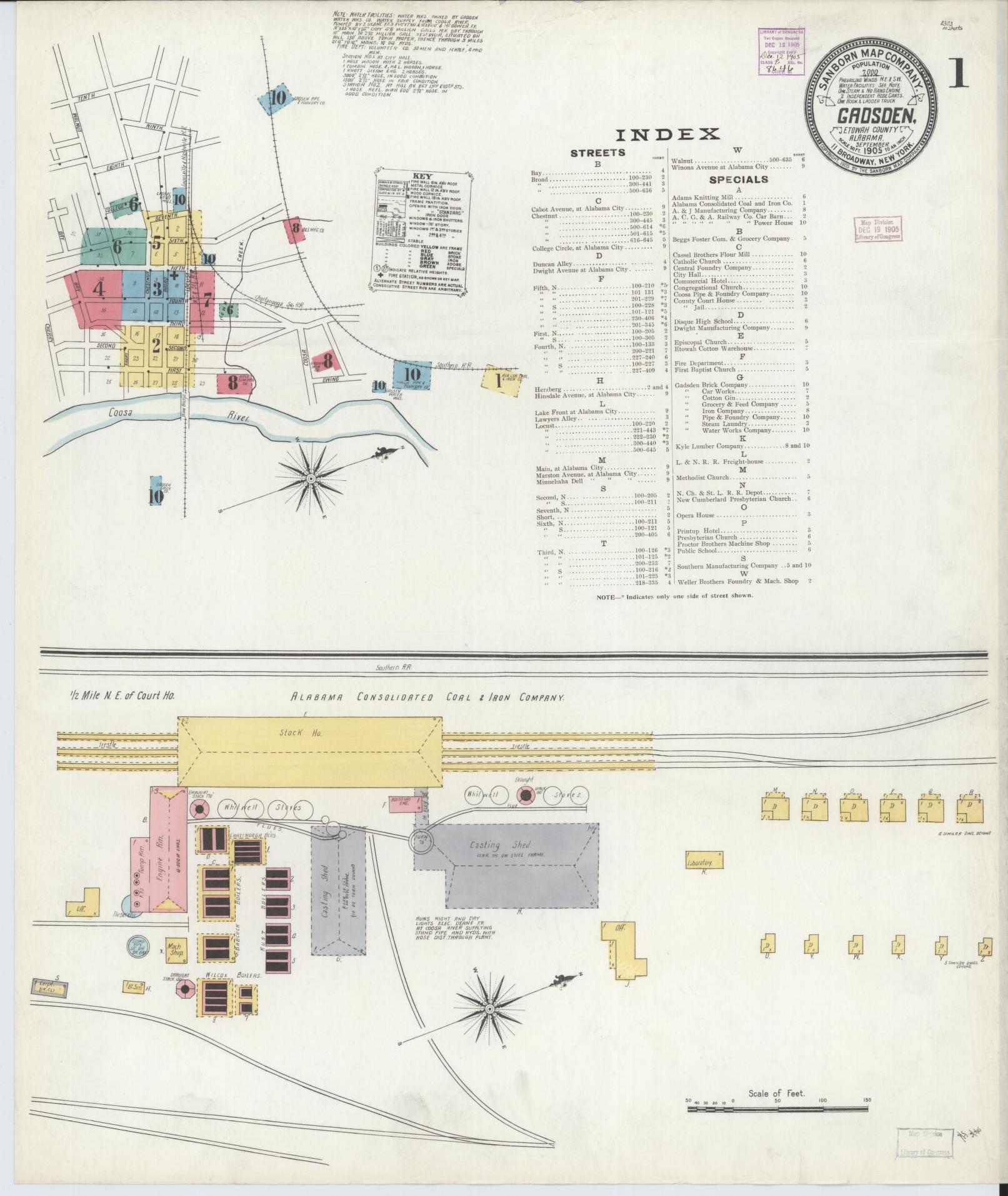 Sanborn Fire Insurance Map from Gadsden, Etowah County, Alabama (1905), Sheet #0001 - Historic Sanborn Fire Insurance Map Print, vintage old map wall art, antique decor, genealogy gift, Alabama Alabama map