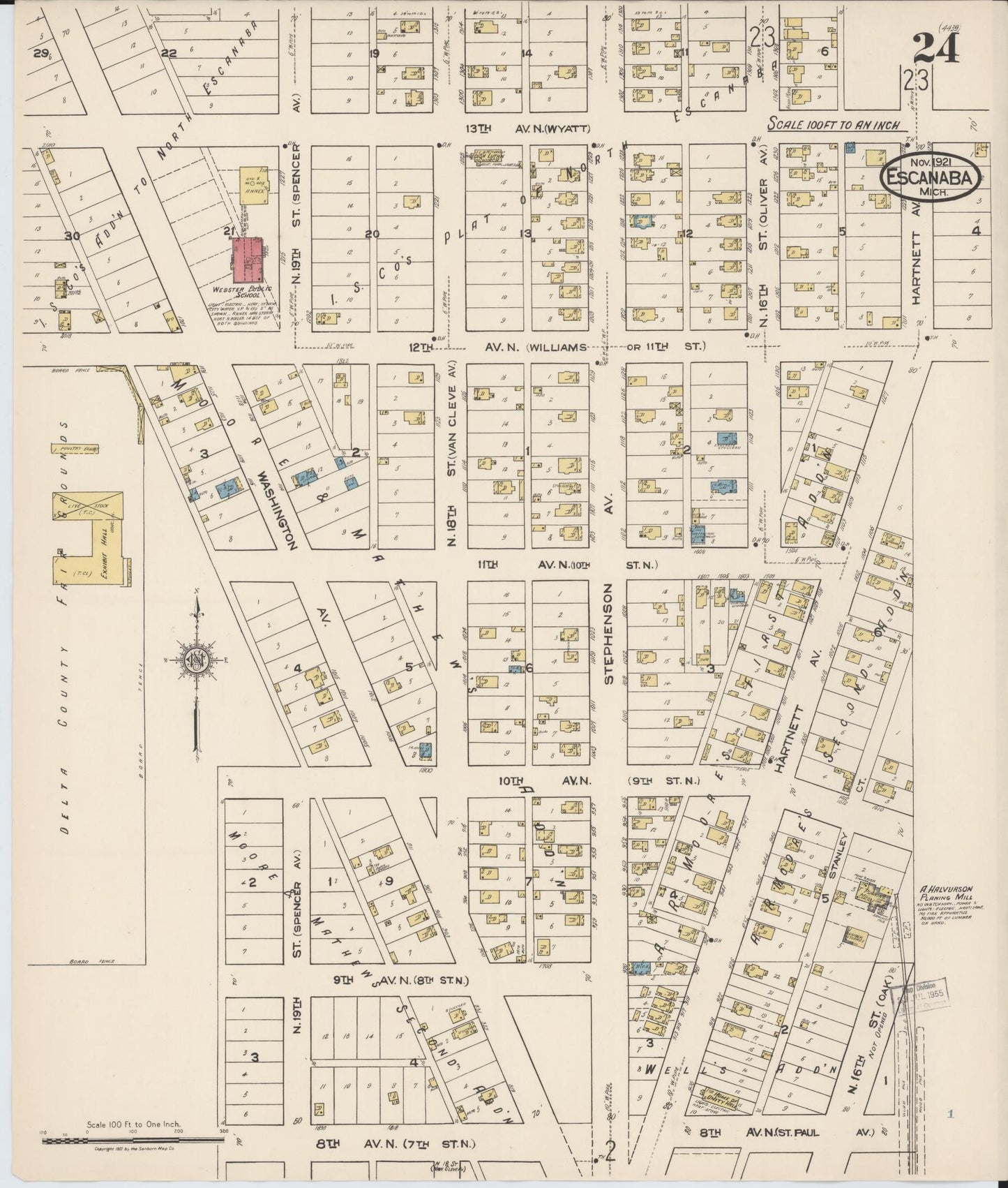 Sanborn Fire Insurance Map from Escanaba, Delta County, Michigan (1921), Sheet #0024 - Historic Sanborn Fire Insurance Map Print, vintage old map wall art, antique decor, genealogy gift, Michigan Michigan map
