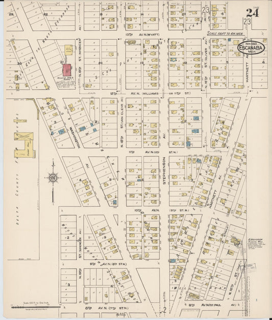 Sanborn Fire Insurance Map from Escanaba, Delta County, Michigan (1921), Sheet #0024 - Historic Sanborn Fire Insurance Map Print, vintage old map wall art, antique decor, genealogy gift, Michigan Michigan map