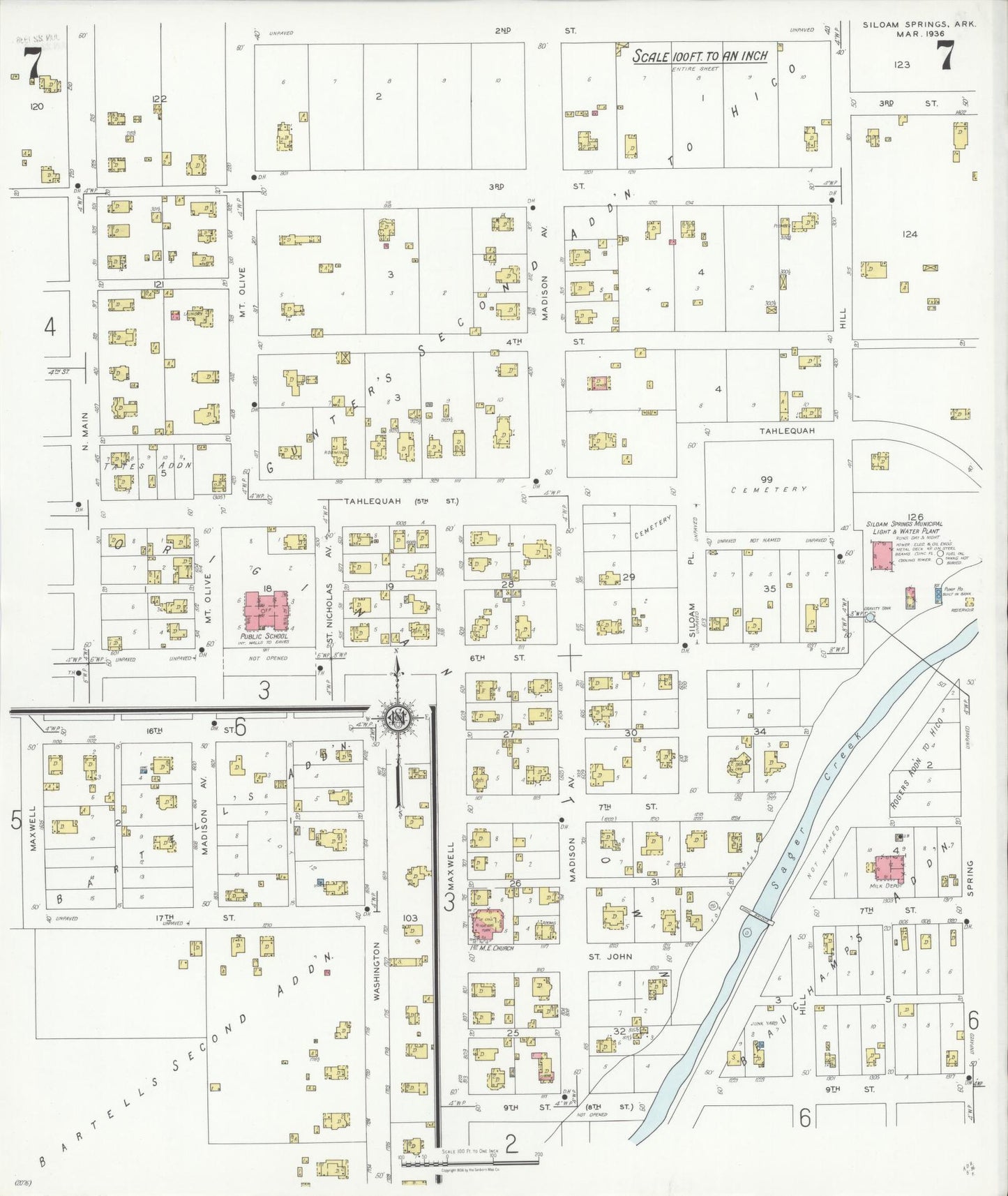 Sanborn Fire Insurance Map from Siloam Springs, Benton County, Arkansas (1936), Sheet #0007 - Complete Map Set gallery image, historic Sanborn map, vintage wall art, Arkansas Arkansas