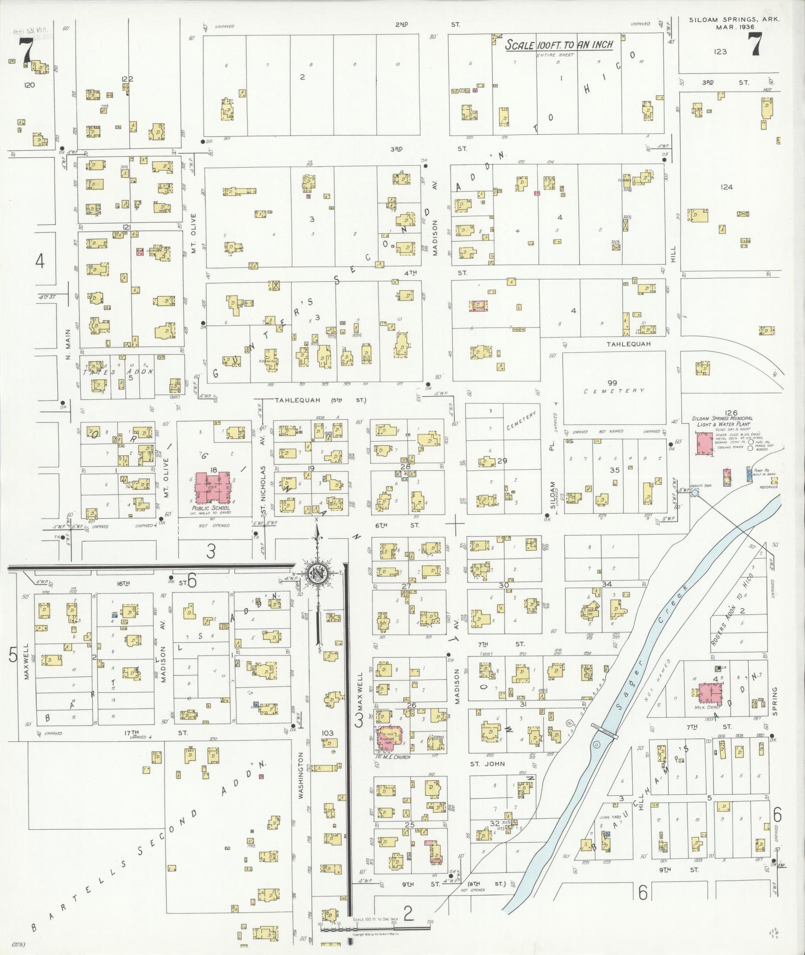 Sanborn Fire Insurance Map from Siloam Springs, Benton County, Arkansas (1936), Sheet #0007 - Complete Map Set gallery image, historic Sanborn map, vintage wall art, Arkansas Arkansas