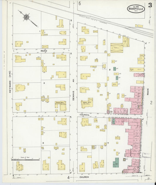 Sanborn Fire Insurance Map from Bishopville, Lee County, South Carolina (1910), Sheet #0003 - Historic Sanborn Fire Insurance Map Print, vintage old map wall art, antique decor, genealogy gift, South Carolina South Carolina map