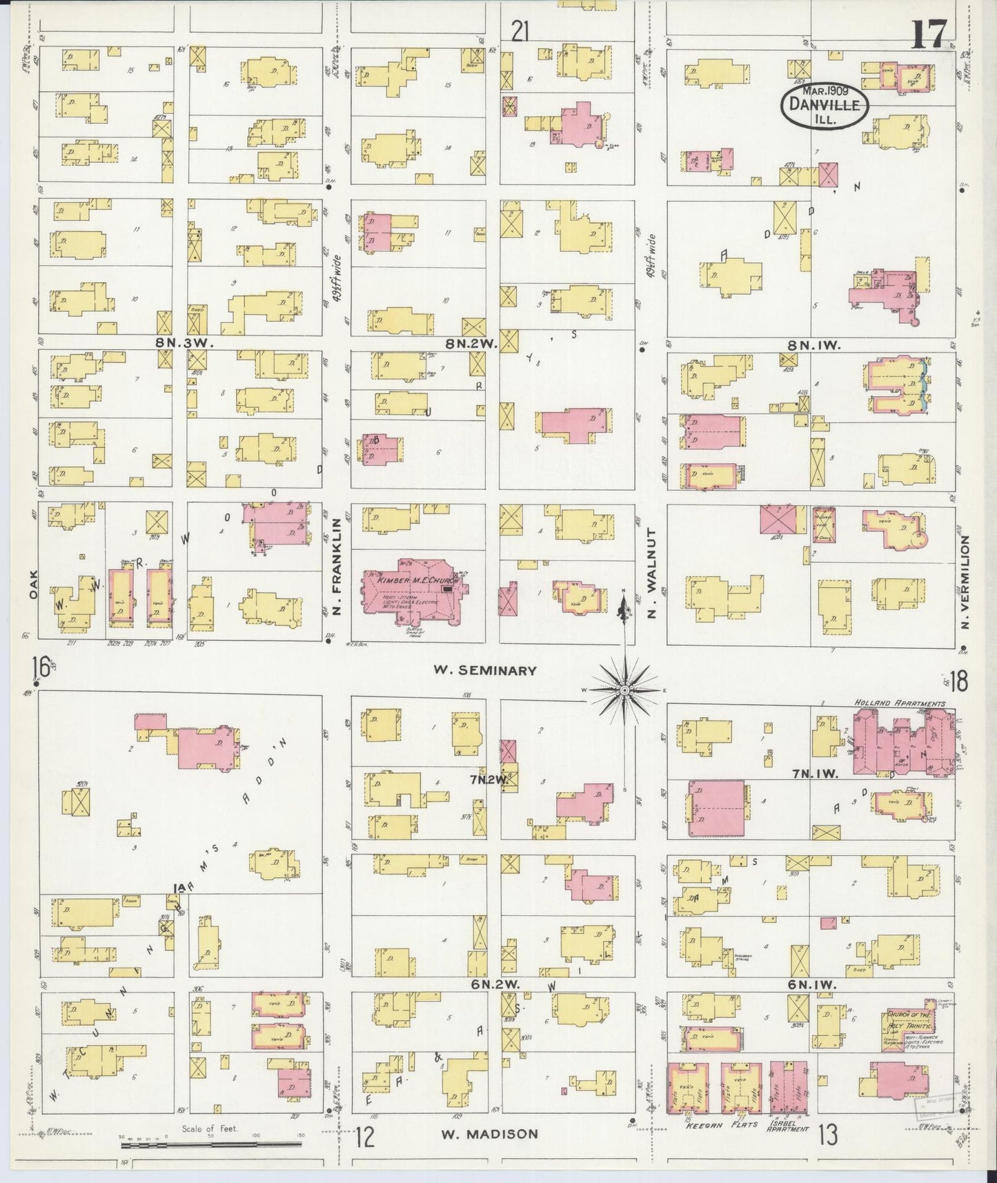 Sanborn Fire Insurance Map from Danville, Vermilion County, Illinois (1909), Sheet #0017 - Historic Sanborn Fire Insurance Map Print, vintage old map wall art, antique decor, genealogy gift, Illinois Illinois map