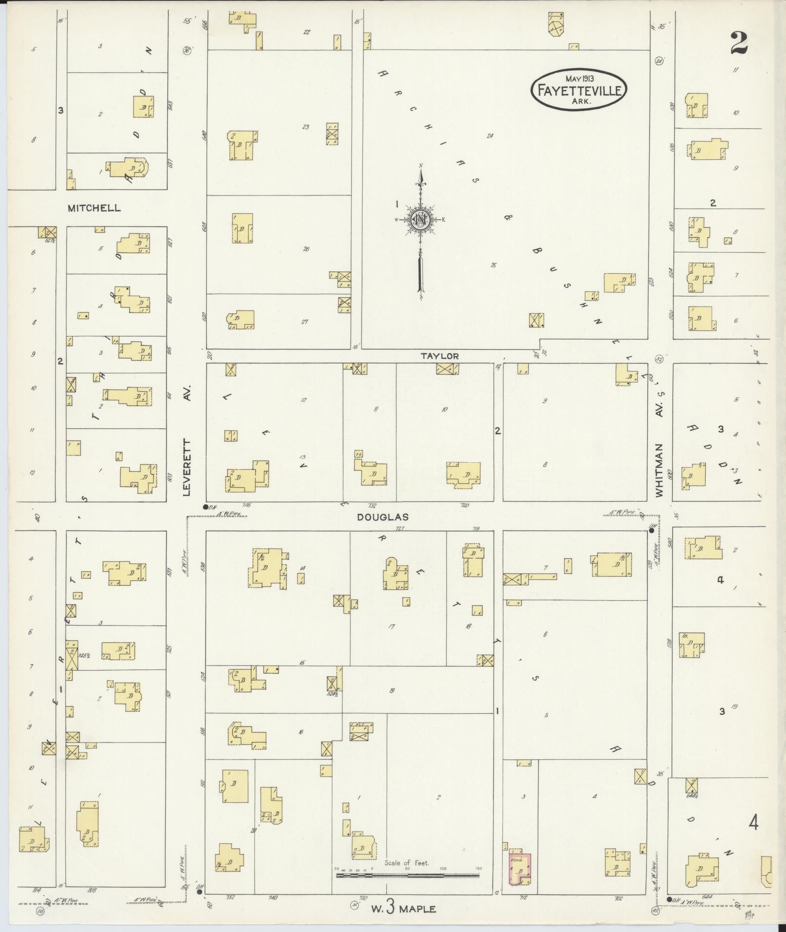 Sanborn Fire Insurance Map from Fayetteville, Washington County, Arkansas (1913), Sheet #0002 - Complete Map Set gallery image, historic Sanborn map, vintage wall art, Arkansas Arkansas