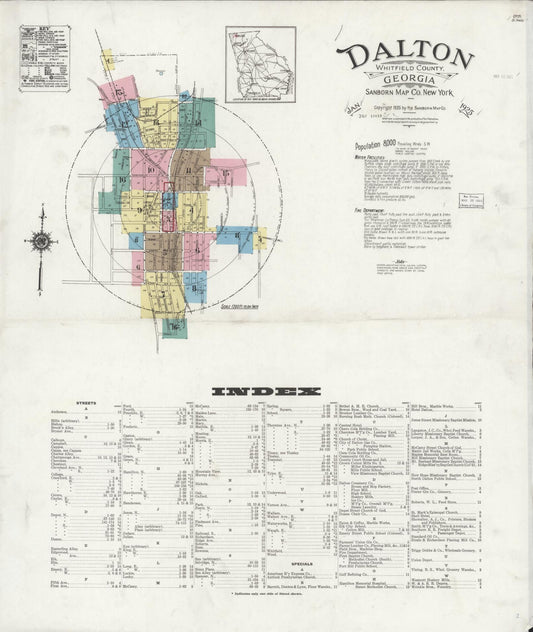 Sanborn Fire Insurance Map from Dalton, Whitfield County, Georgia (1925), Sheet #0001 - Historic Sanborn Fire Insurance Map Print, vintage old map wall art, antique decor, genealogy gift, Georgia Georgia map