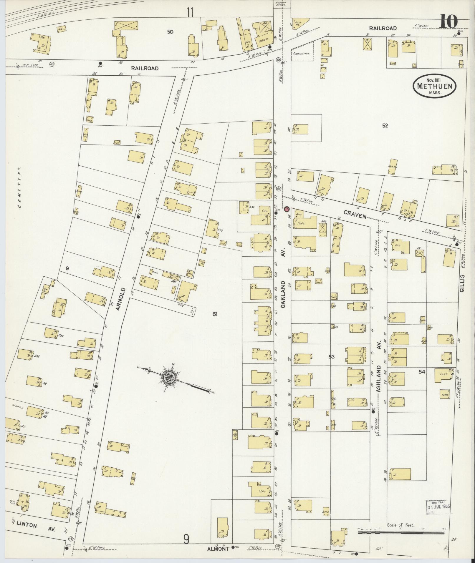 Sanborn Fire Insurance Map from Methuen, Essex County, Massachusetts (1911), Sheet #0010 - Historic Sanborn Fire Insurance Map Print, vintage old map wall art, antique decor, genealogy gift, Massachusetts Massachusetts map