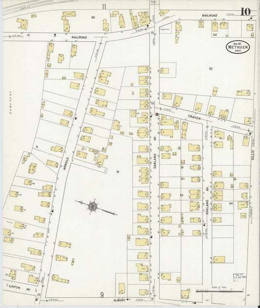Sanborn Fire Insurance Map from Methuen, Essex County, Massachusetts (1911), Sheet #0010 - Historic Sanborn Fire Insurance Map Print, vintage old map wall art, antique decor, genealogy gift, Massachusetts Massachusetts map