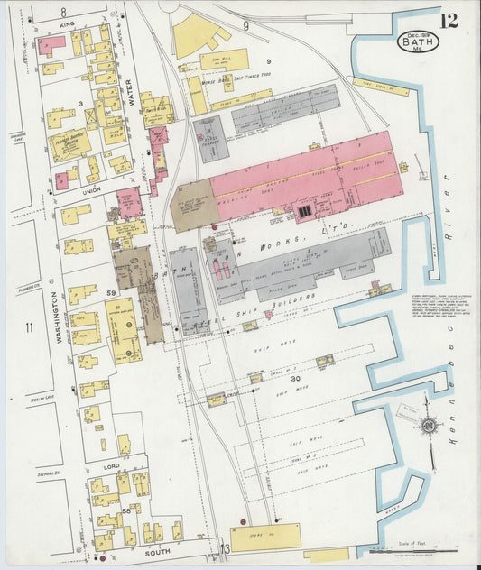 Sanborn Fire Insurance Map from Bath, Sagadahoc County, Maine (1919), Sheet #0012 - Historic Sanborn Fire Insurance Map Print, vintage old map wall art, antique decor, genealogy gift, Maine Maine map