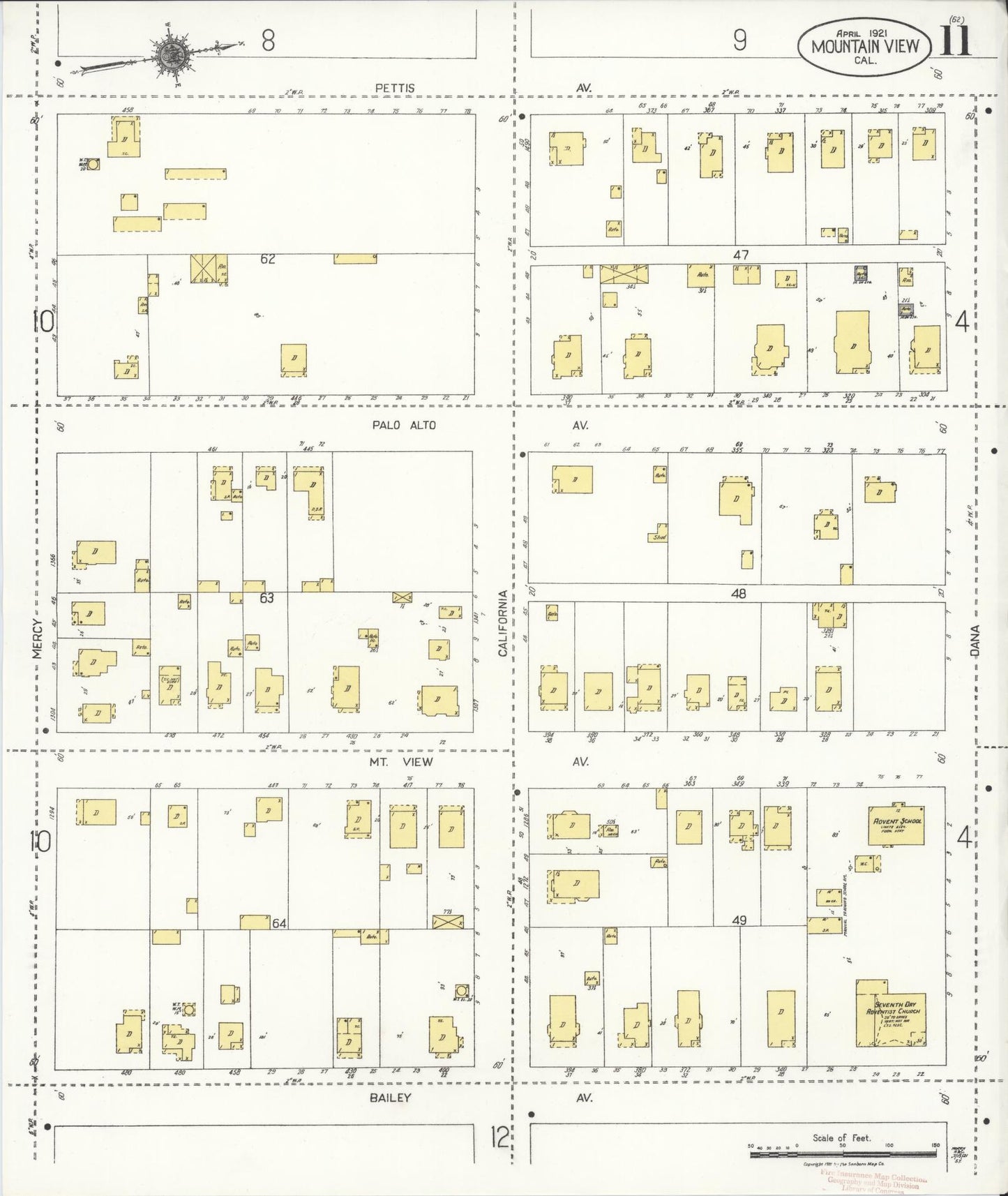 Sanborn Fire Insurance Map from Mountain View, Santa Clara County, California (1921), Sheet #0011 - Complete Map Set gallery image, historic Sanborn map, vintage wall art, California California