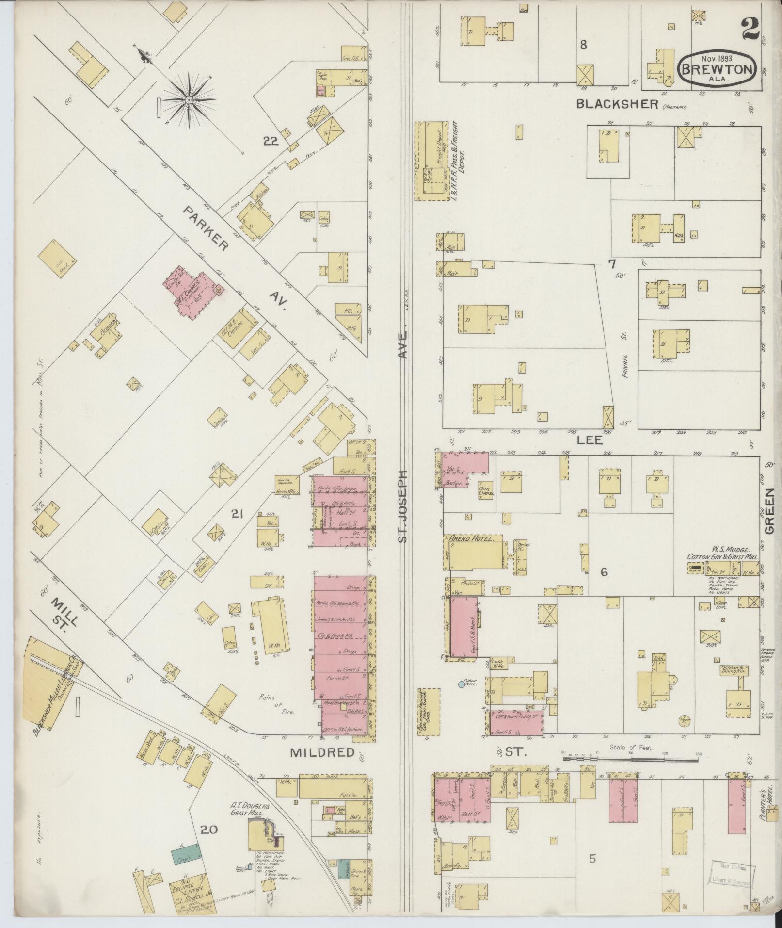 Sanborn Fire Insurance Map from Brewton, Escambia County, Alabama (1893), Sheet #0002 - Historic Sanborn Fire Insurance Map Print, vintage old map wall art, antique decor, genealogy gift, Alabama Alabama map