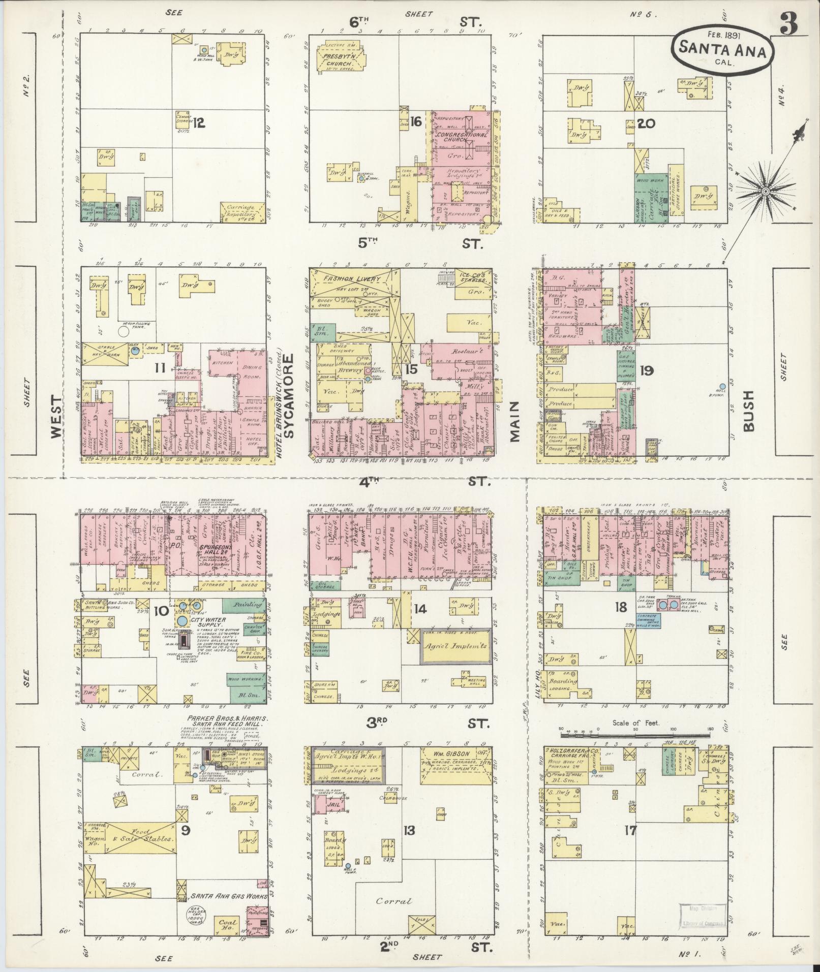 Sanborn Fire Insurance Map from Santa Ana, Orange County, California (1891), Sheet #0003 - Complete Map Set gallery image, historic Sanborn map, vintage wall art, California California