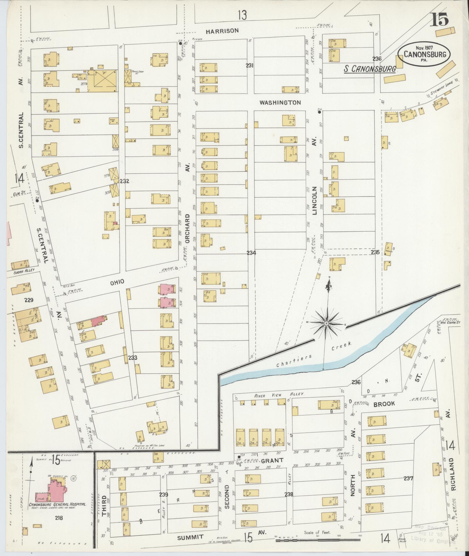 Sanborn Fire Insurance Map from Canonsburg, Washington County, Pennsylvania (1907), Sheet #0015 - Historic Sanborn Fire Insurance Map Print, vintage old map wall art, antique decor, genealogy gift, Pennsylvania Pennsylvania map