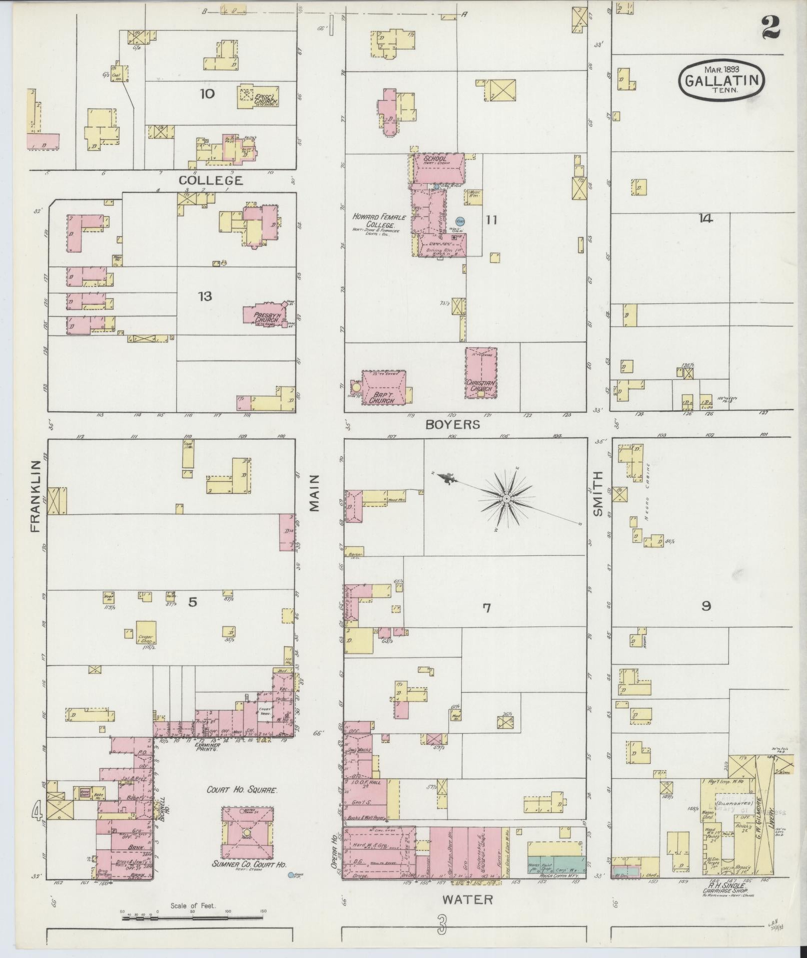 Sanborn Fire Insurance Map from Gallatin, Sumner County, Tennessee (1893), Sheet #0002 - Historic Sanborn Fire Insurance Map Print, vintage old map wall art, antique decor, genealogy gift, Tennessee Tennessee map