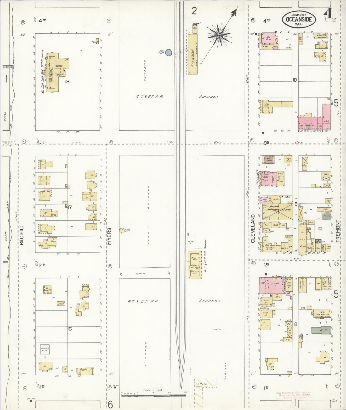 Sanborn Fire Insurance Map from Oceanside, San Diego County, California (1907), Sheet #0004 - Complete Map Set gallery image, historic Sanborn map, vintage wall art, California California