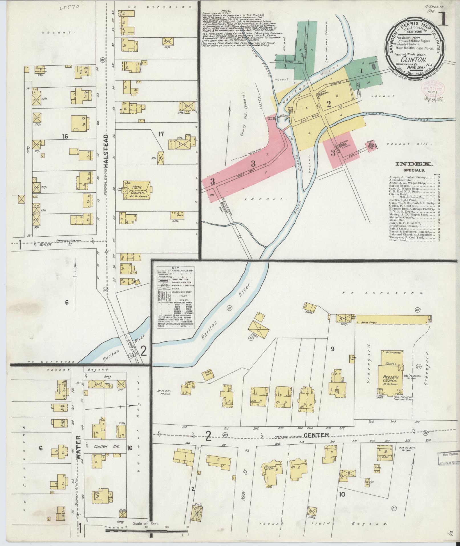 Sanborn Fire Insurance Map from Clinton, Hunterdon County, New Jersey (1897), Sheet #0001 - Complete Map Set gallery image, historic Sanborn map, vintage wall art, New Jersey New Jersey