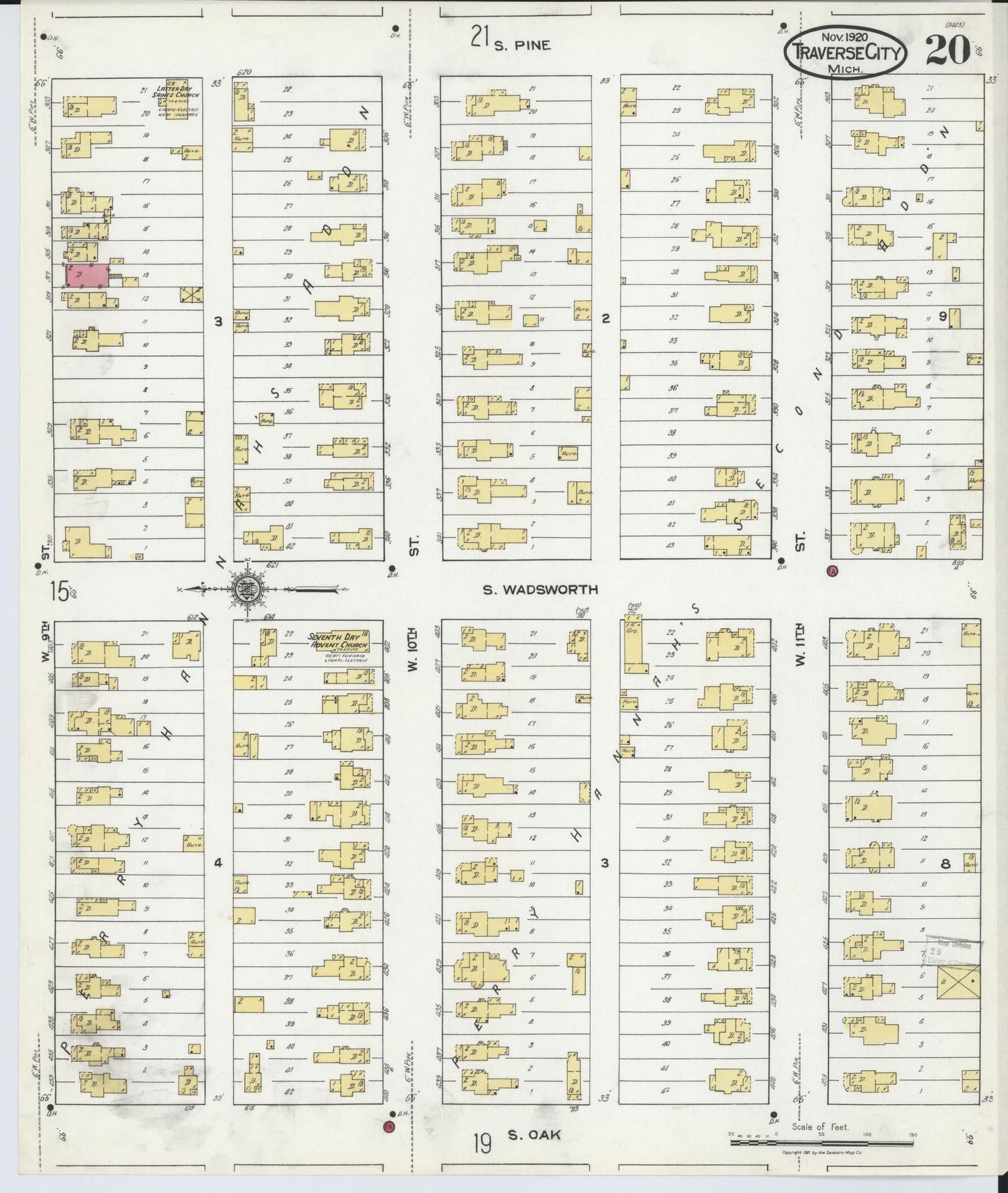 Sanborn Fire Insurance Map from Traverse City, Grand Traverse County, Michigan (1920), Sheet #0020 - Historic Sanborn Fire Insurance Map Print, vintage old map wall art, antique decor, genealogy gift, Michigan Michigan map