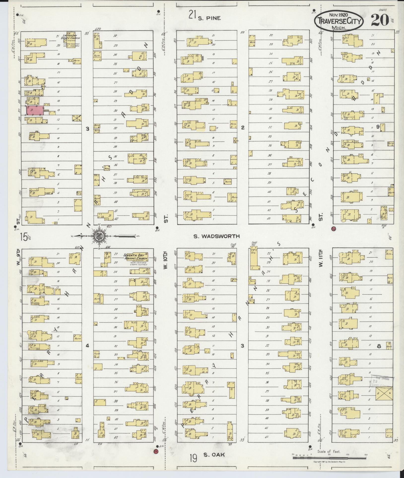 Sanborn Fire Insurance Map from Traverse City, Grand Traverse County, Michigan (1920), Sheet #0020 - Historic Sanborn Fire Insurance Map Print, vintage old map wall art, antique decor, genealogy gift, Michigan Michigan map