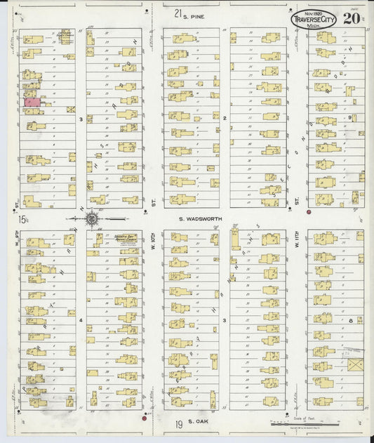 Sanborn Fire Insurance Map from Traverse City, Grand Traverse County, Michigan (1920), Sheet #0020 - Historic Sanborn Fire Insurance Map Print, vintage old map wall art, antique decor, genealogy gift, Michigan Michigan map