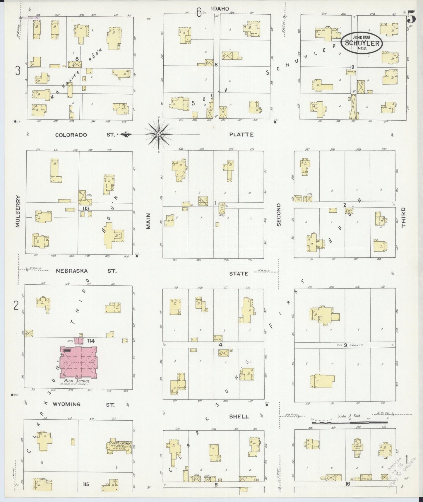 Sanborn Fire Insurance Map from Schuyler, Colfax County, Nebraska (1909), Sheet #0005 - Historic Sanborn Fire Insurance Map Print, vintage old map wall art, antique decor, genealogy gift, Nebraska Nebraska map