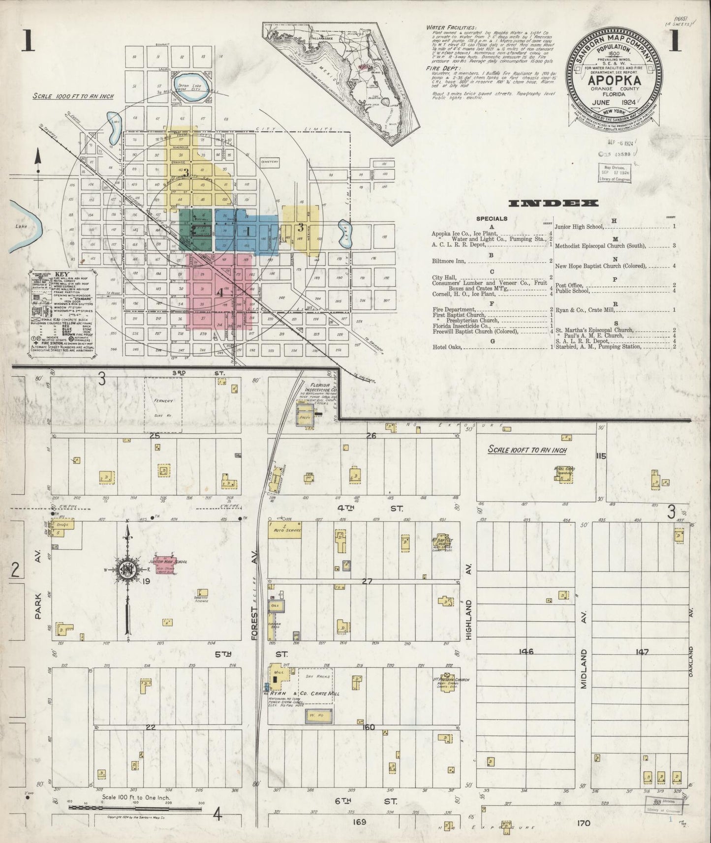 Sanborn Fire Insurance Map from Apopka, Orange County, Florida (1924), Sheet #0001 - Complete Map Set gallery image, historic Sanborn map, vintage wall art, Florida Florida