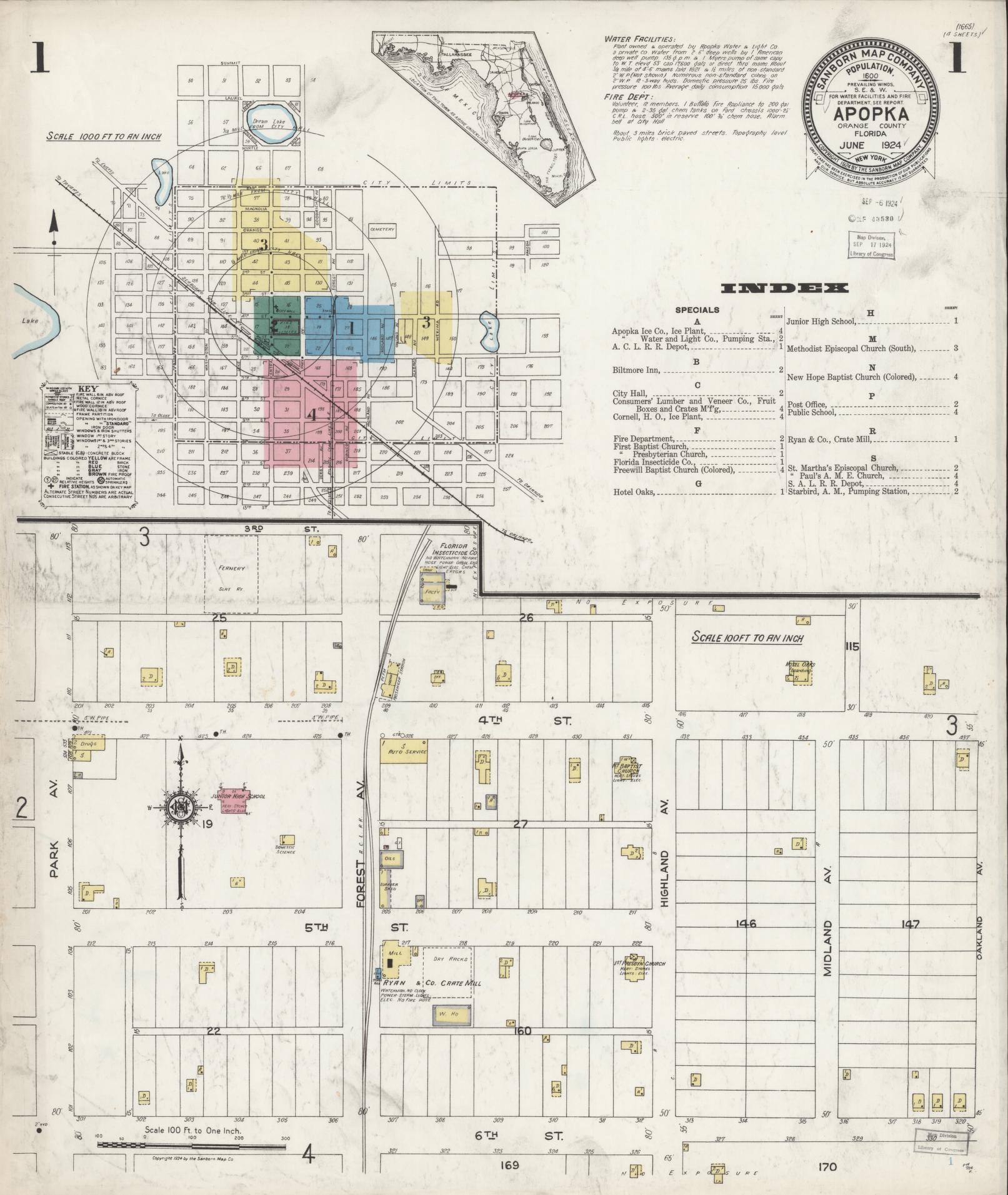 Sanborn Fire Insurance Map from Apopka, Orange County, Florida (1924), Sheet #0001 - Complete Map Set gallery image, historic Sanborn map, vintage wall art, Florida Florida