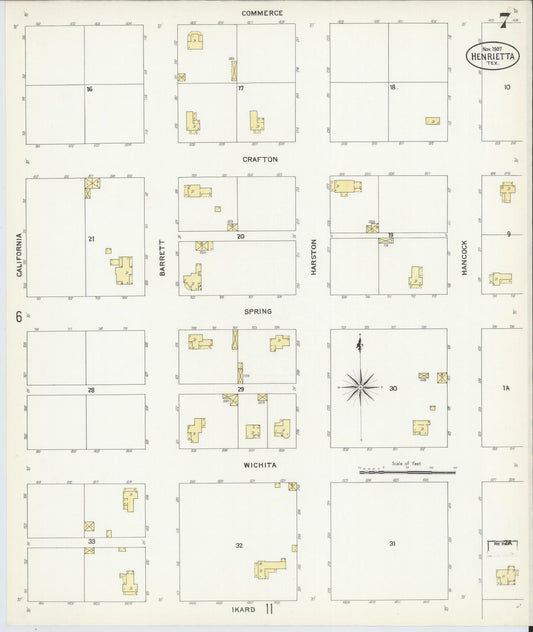 Sanborn Fire Insurance Map from Henrietta, Clay County, Texas (1907), Sheet #0007 - Historic Sanborn Fire Insurance Map Print, vintage old map wall art, antique decor, genealogy gift, Texas Texas map