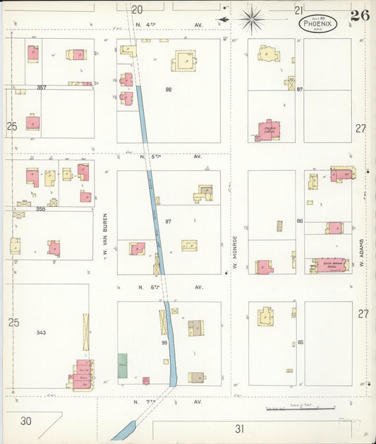 Sanborn Fire Insurance Map from Phoenix, Maricopa County, Arizona (1901), Sheet #0026 - Historic Sanborn Fire Insurance Map Print, vintage old map wall art, antique decor, genealogy gift, Arizona Arizona map