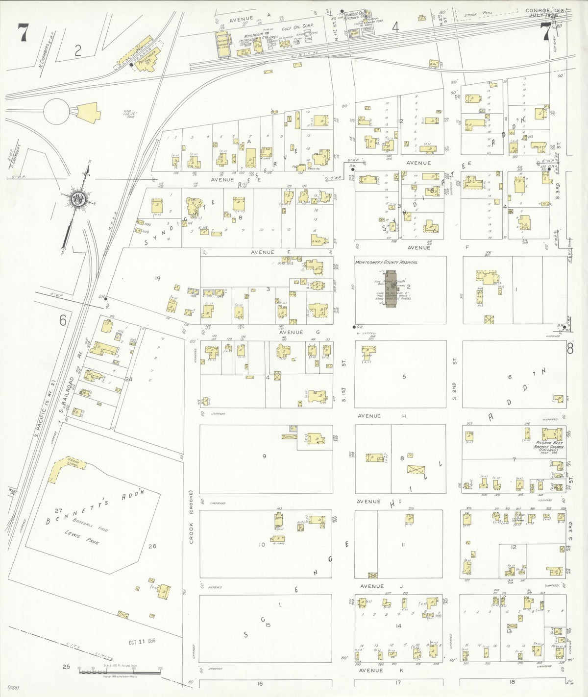 Sanborn Fire Insurance Map from Conroe, Montgomery County, Texas (1938), Sheet #0007 - Historic Sanborn Fire Insurance Map Print, vintage old map wall art, antique decor, genealogy gift, Texas Texas map