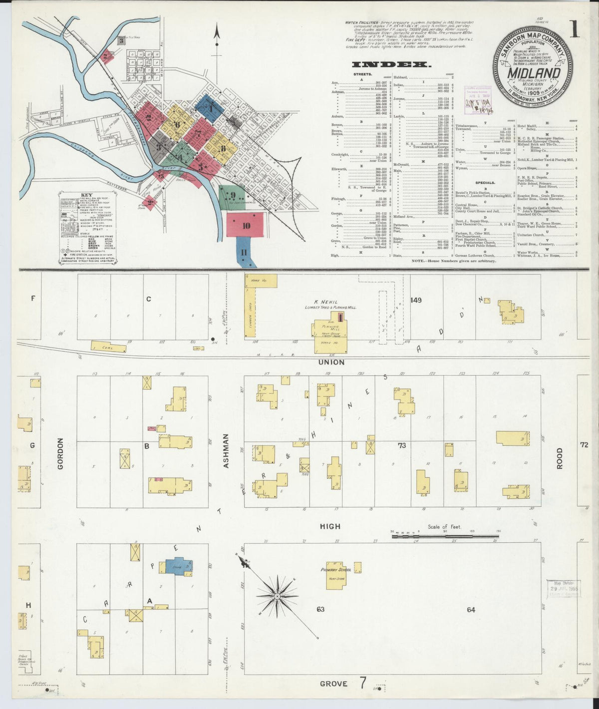 Sanborn Fire Insurance Map from Midland, Midland County, Michigan (1909), Sheet #0001 - Historic Sanborn Fire Insurance Map Print, vintage old map wall art, antique decor, genealogy gift, Michigan Michigan map