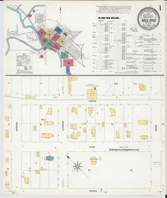 Sanborn Fire Insurance Map from Midland, Midland County, Michigan (1909), Sheet #0001 - Historic Sanborn Fire Insurance Map Print, vintage old map wall art, antique decor, genealogy gift, Michigan Michigan map