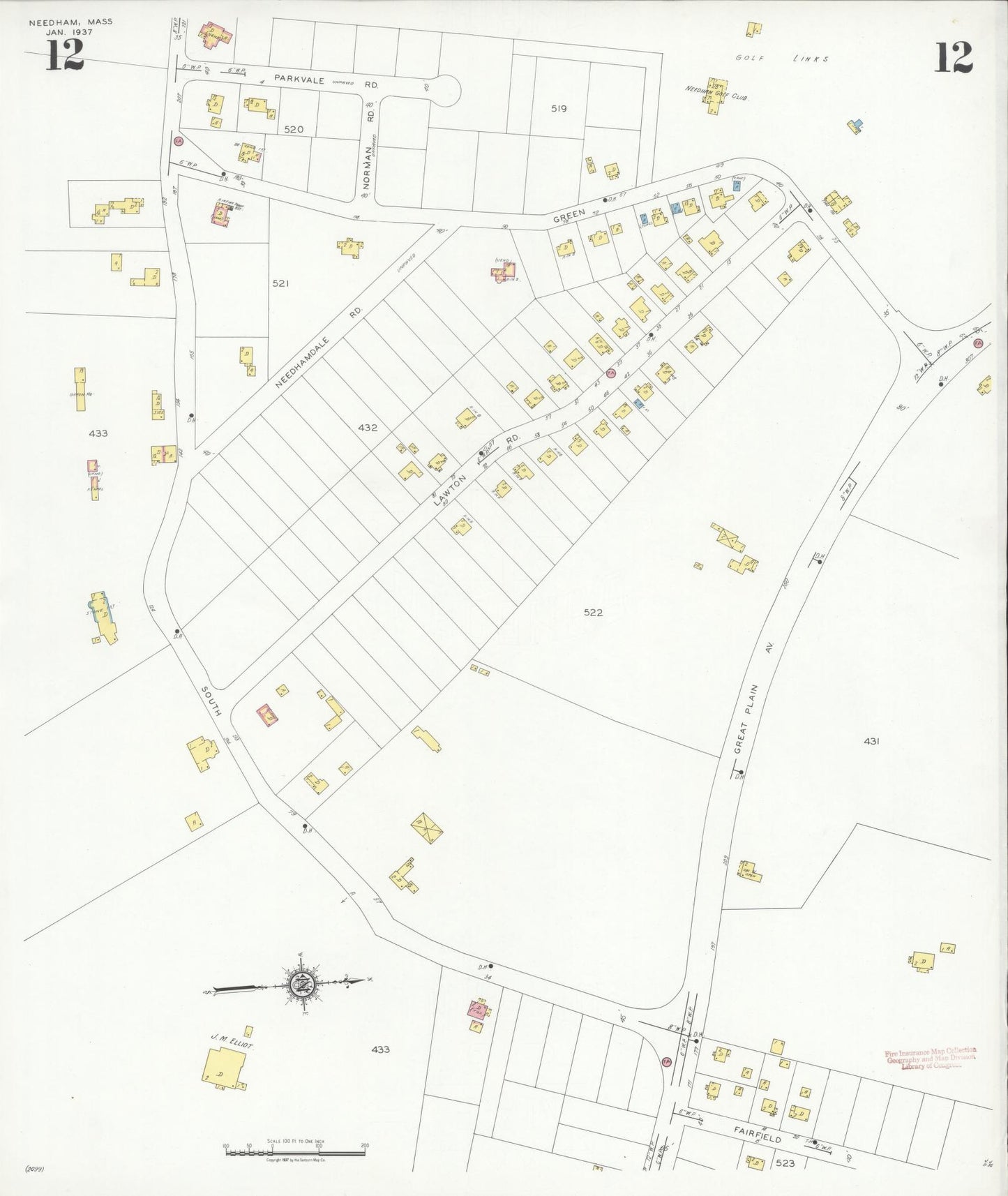 Sanborn Fire Insurance Map from Needham, Norfolk County, Massachusetts (1937), Sheet #0012 - Complete Map Set gallery image, historic Sanborn map, vintage wall art, Massachusetts Massachusetts