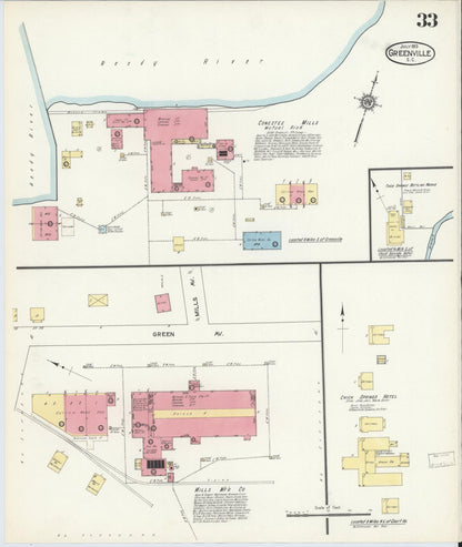 Sanborn Fire Insurance Map from Greenville, Greenville County, South Carolina (1913), Sheet #0033 - Complete Map Set gallery image, historic Sanborn map, vintage wall art, South Carolina South Carolina