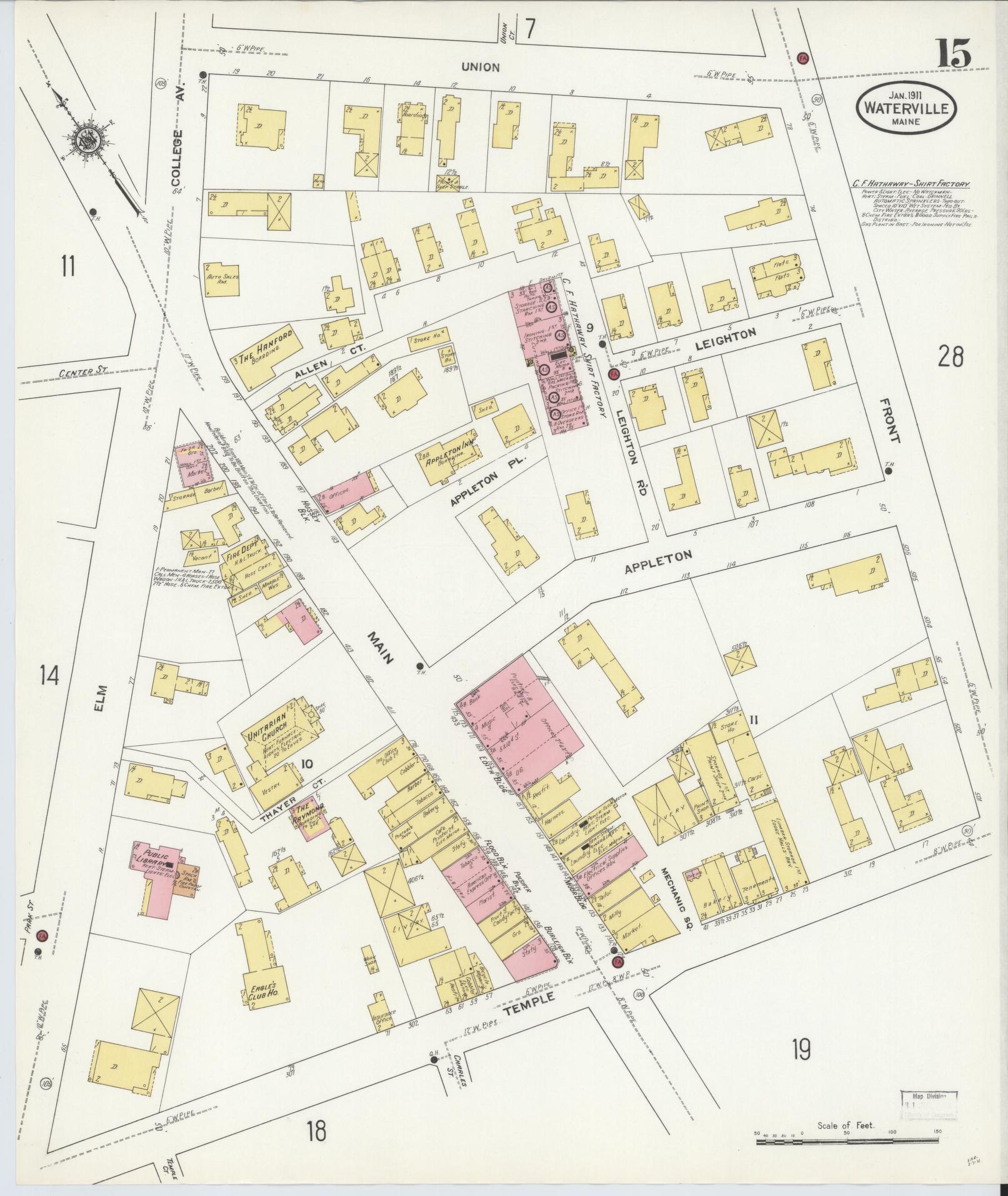 Sanborn Fire Insurance Map from Waterville, Kennebec County, Maine (1911), Sheet #0015 - Complete Map Set gallery image, historic Sanborn map, vintage wall art, Maine Maine