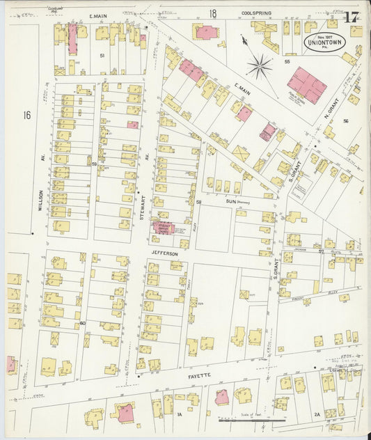 Sanborn Fire Insurance Map from Uniontown, Fayette County, Pennsylvania (1907), Sheet #0017 - Historic Sanborn Fire Insurance Map Print, vintage old map wall art, antique decor, genealogy gift, Pennsylvania Pennsylvania map