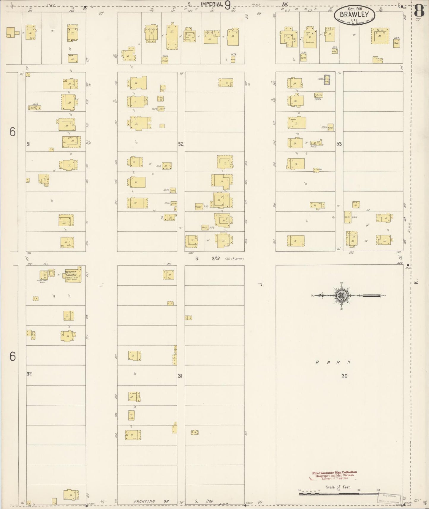 Sanborn Fire Insurance Map from Brawley, Imperial County, California (1916), Sheet #0008 - Historic Sanborn Fire Insurance Map Print, vintage old map wall art, antique decor, genealogy gift, California California map