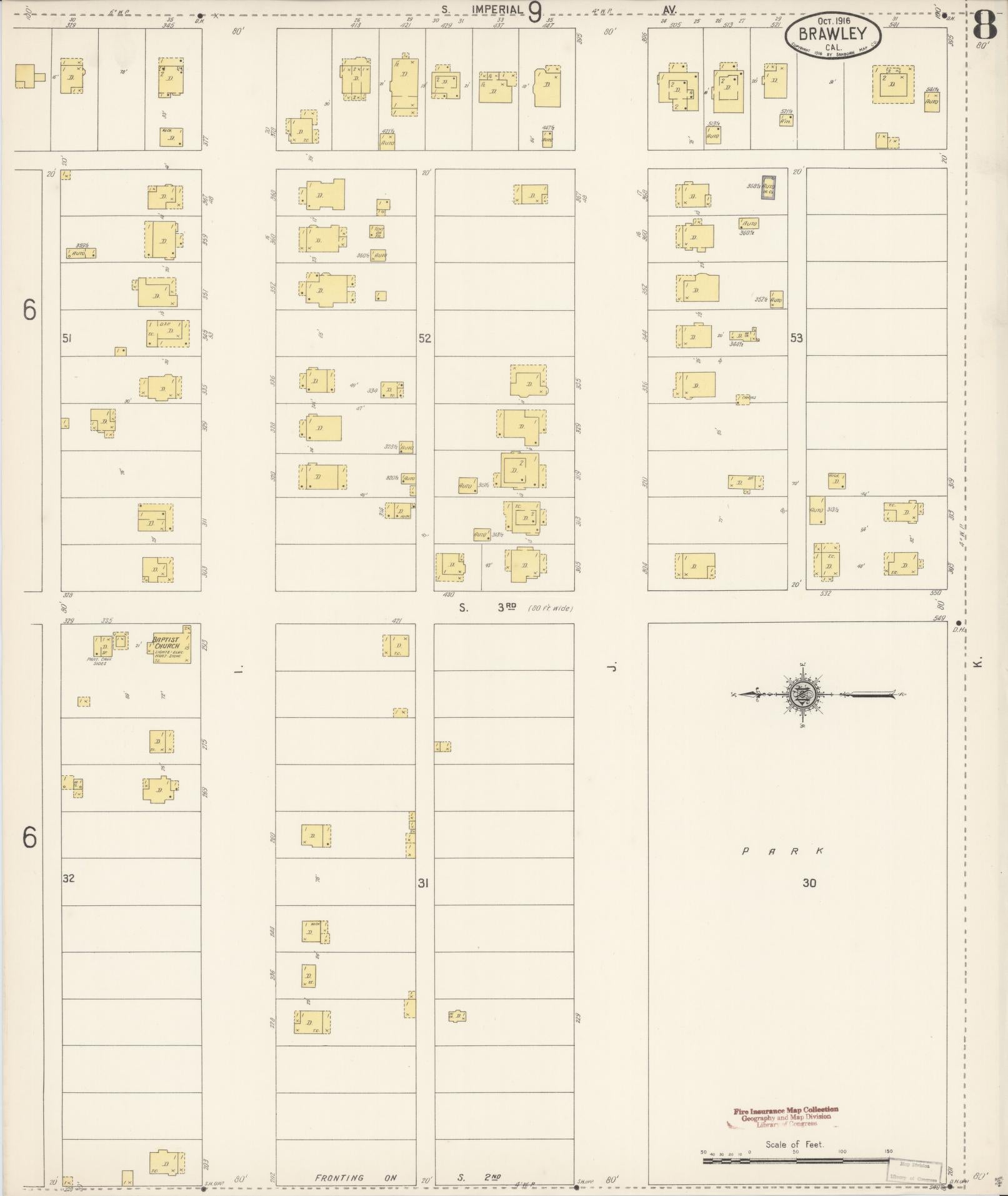 Sanborn Fire Insurance Map from Brawley, Imperial County, California (1916), Sheet #0008 - Historic Sanborn Fire Insurance Map Print, vintage old map wall art, antique decor, genealogy gift, California California map