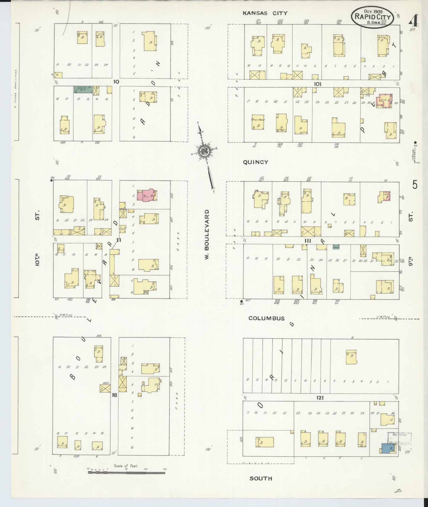 Sanborn Fire Insurance Map from Rapid City, Pennington County, South Dakota (1909), Sheet #0004 - Historic Sanborn Fire Insurance Map Print, vintage old map wall art, antique decor, genealogy gift, South Dakota South Dakota map