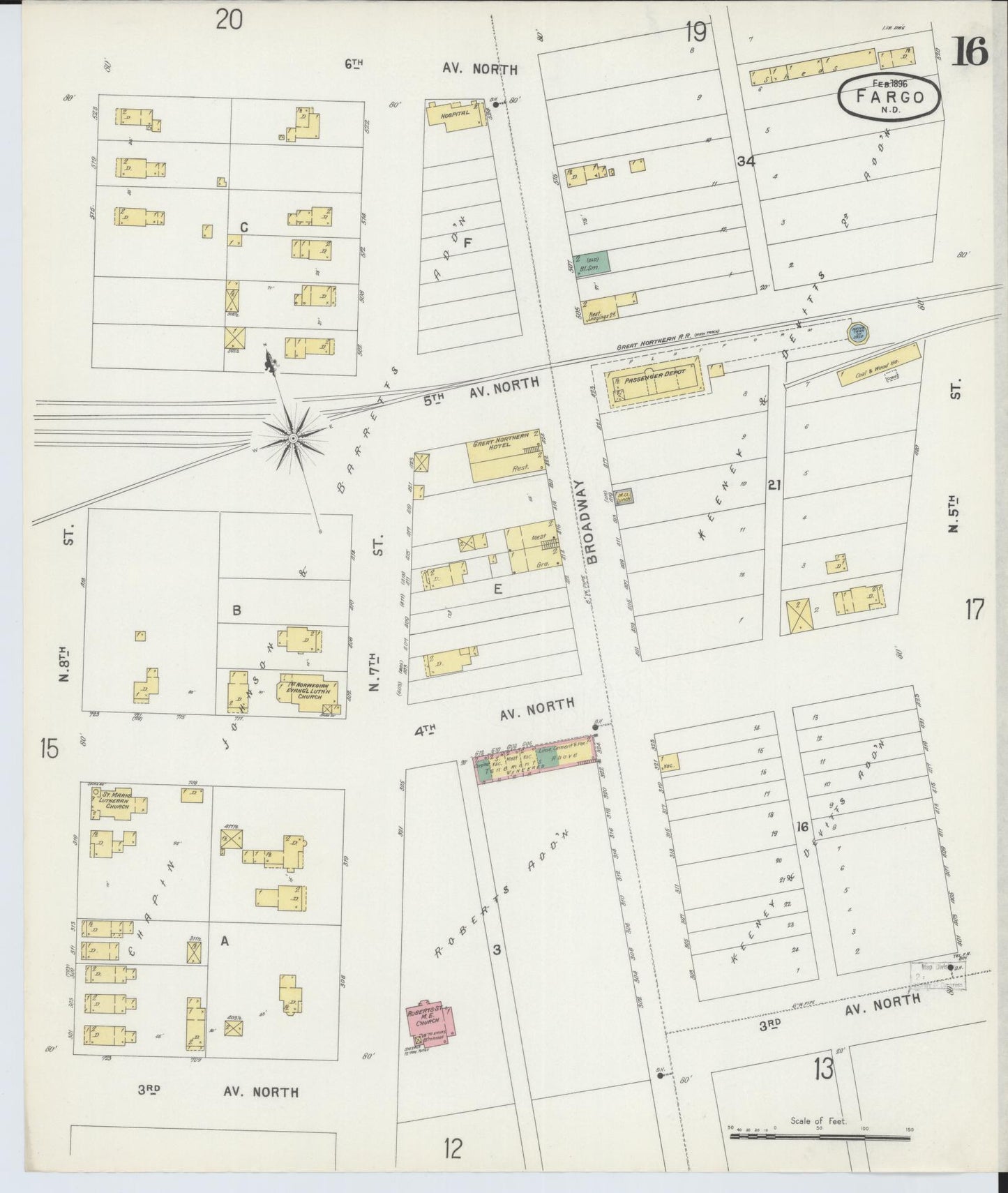 Sanborn Fire Insurance Map from Fargo, Cass County, North Dakota (1896), Sheet #0016 - Historic Sanborn Fire Insurance Map Print, vintage old map wall art, antique decor, genealogy gift, North Dakota North Dakota map