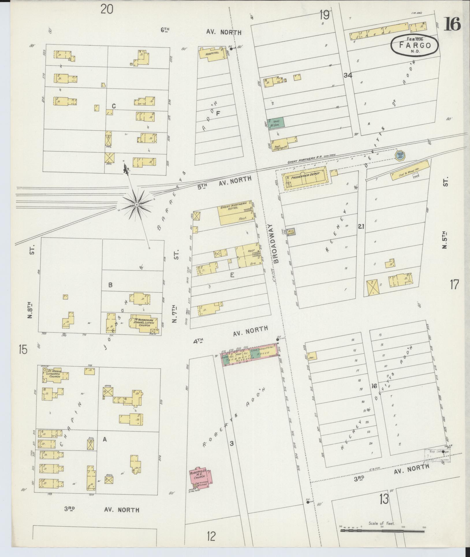 Sanborn Fire Insurance Map from Fargo, Cass County, North Dakota (1896), Sheet #0016 - Historic Sanborn Fire Insurance Map Print, vintage old map wall art, antique decor, genealogy gift, North Dakota North Dakota map