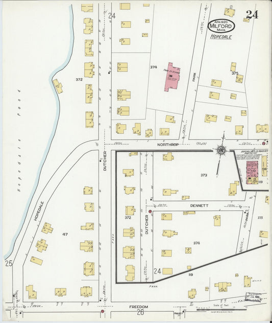 Sanborn Fire Insurance Map from Milford, Worcester County, Massachusetts (1920), Sheet #0024 - Historic Sanborn Fire Insurance Map Print, vintage old map wall art, antique decor, genealogy gift, Massachusetts Massachusetts map