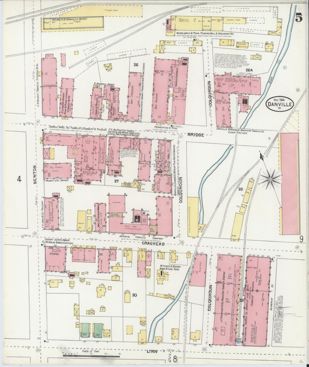 Sanborn Fire Insurance Map from Danville, Independent Cities, Virginia (1904), Sheet #0005 - Complete Map Set gallery image, historic Sanborn map, vintage wall art, Virginia Virginia