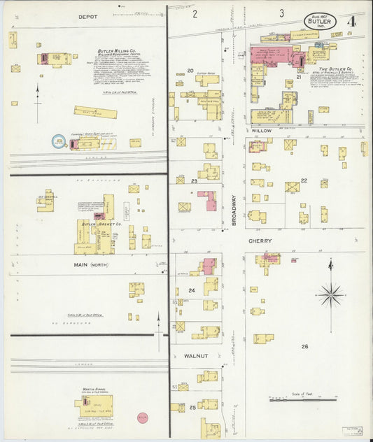 Sanborn Fire Insurance Map from Butler, De Kalb County, Indiana (1907), Sheet #0004 - Historic Sanborn Fire Insurance Map Print, vintage old map wall art, antique decor, genealogy gift, Indiana Indiana map