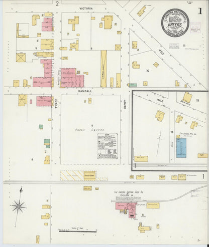 Sanborn Fire Insurance Map from Greer, Greenville and Spartanburg Counties, South Carolina (1904), Sheet #0001 - Complete Map Set gallery image, historic Sanborn map, vintage wall art, South Carolina South Carolina