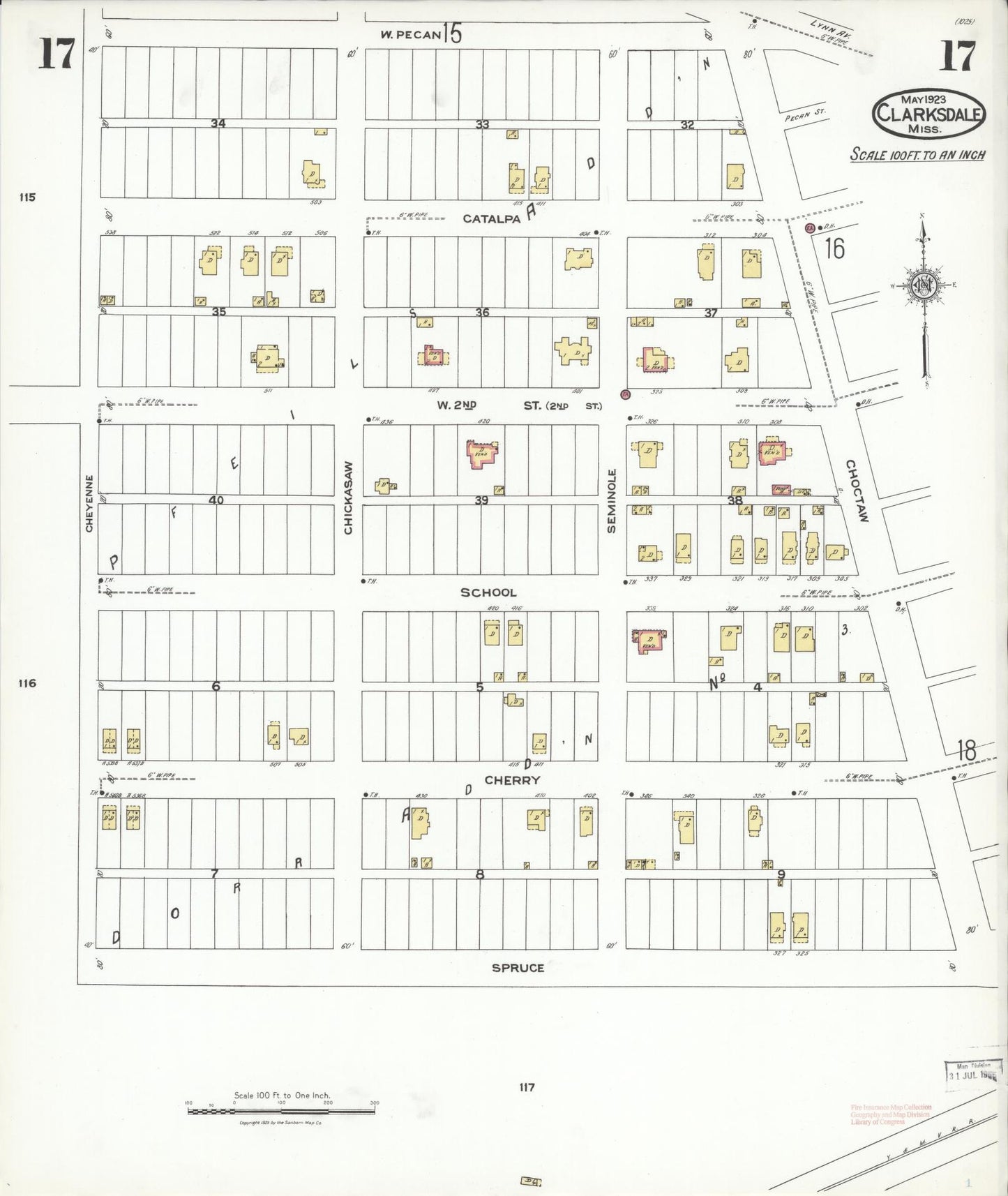Sanborn Fire Insurance Map from Clarksdale, Coahoma County, Mississippi (1923), Sheet #0017 - Complete Map Set gallery image, historic Sanborn map, vintage wall art, Mississippi Mississippi