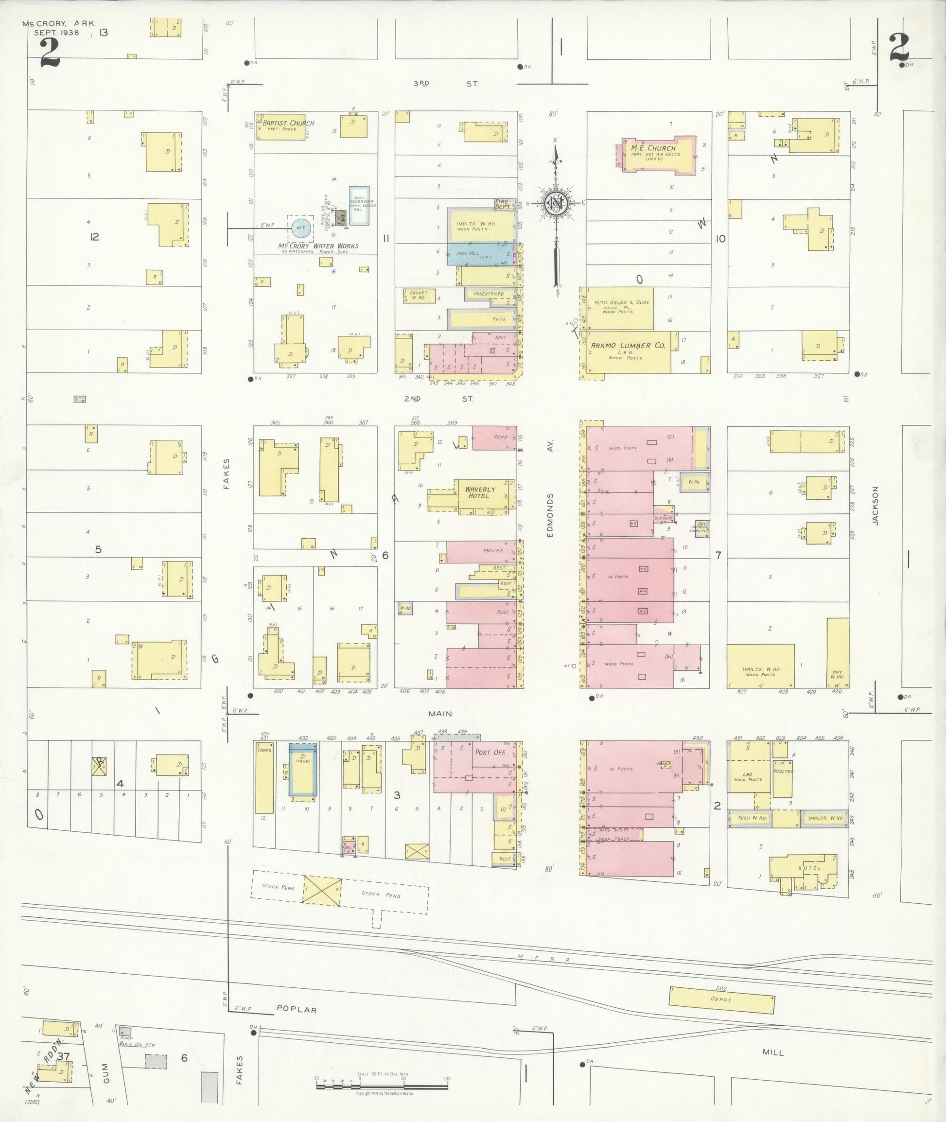 Sanborn Fire Insurance Map from McCrory, Woodruff County, Arkansas (1938), Sheet #0002 - Complete Map Set gallery image, historic Sanborn map, vintage wall art, Arkansas Arkansas