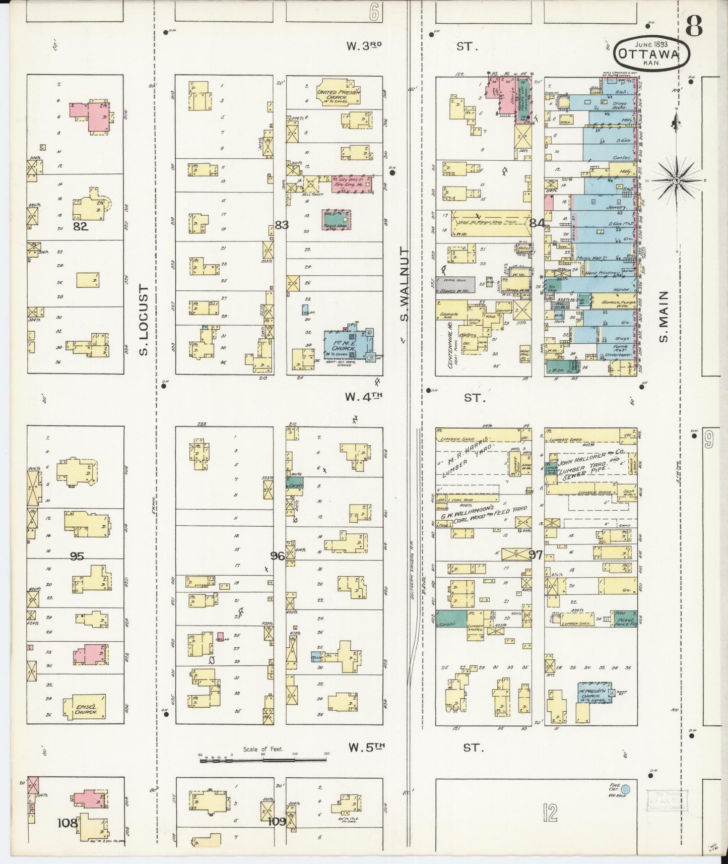 Sanborn Fire Insurance Map from Ottawa, Franklin County, Kansas (1893), Sheet #0008 - Historic Sanborn Fire Insurance Map Print, vintage old map wall art, antique decor, genealogy gift, Kansas Kansas map