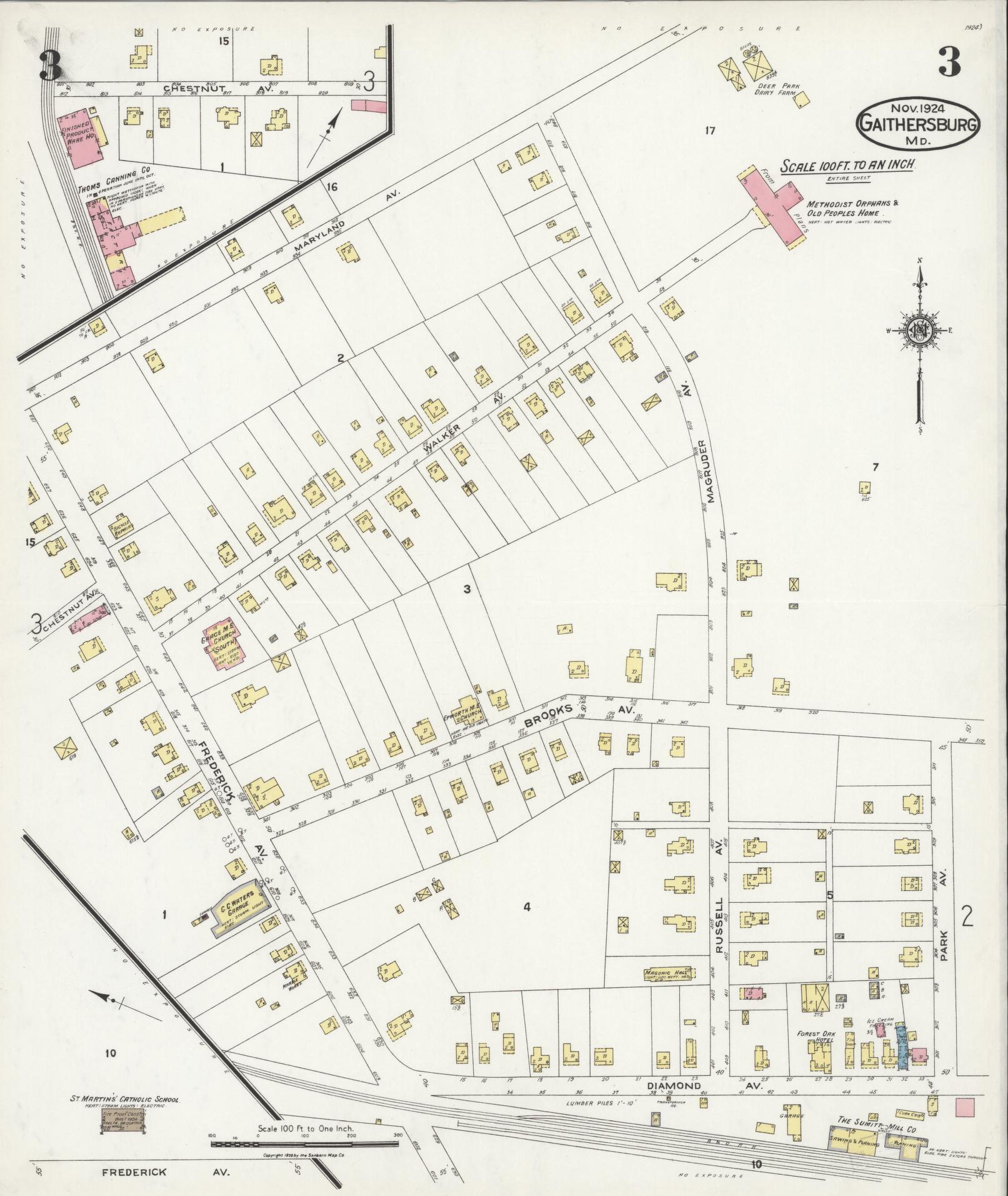 Sanborn Fire Insurance Map from Gaithersburg, Montgomery County, Maryland (1924), Sheet #0003 - Historic Sanborn Fire Insurance Map Print, vintage old map wall art